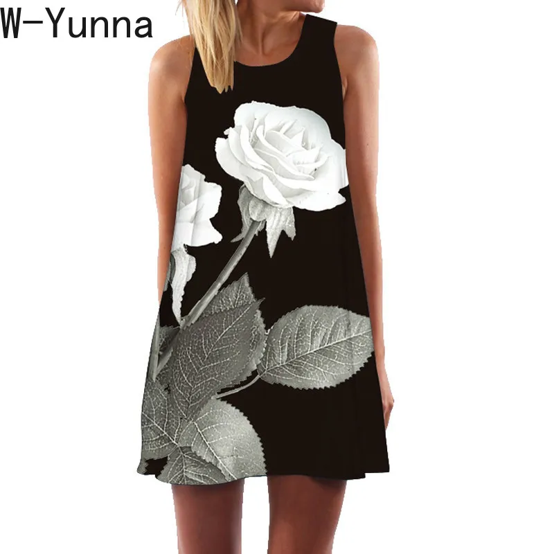 

W-Yunna Women Dress 2019 New Arrival Rose Print Sleeveless Summer Dress O neck Casual Loose Mini Chiffon Dresses Vestidos