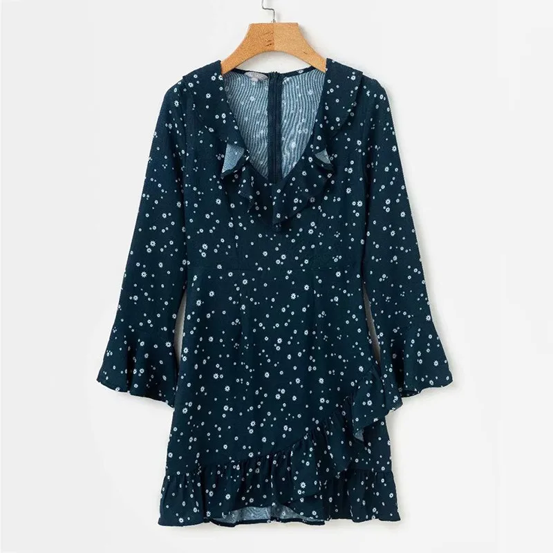 yinlinhe Navy Polka Dot Dress Women Long Sleeve 2018 V neck Sexy Slim Elegant Autumn Dress Bodycon Ruffles Vestido  9
