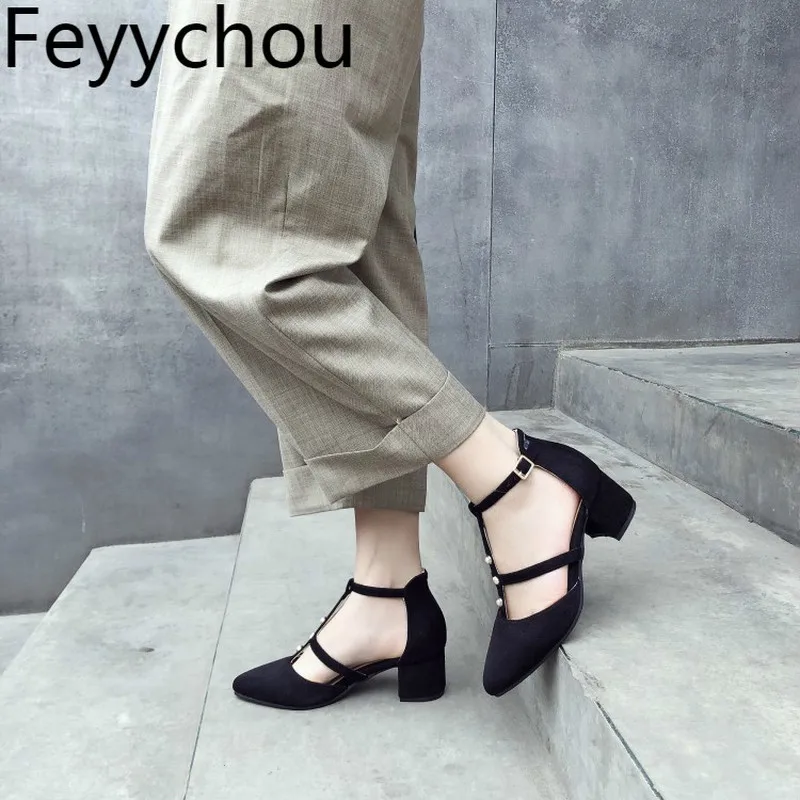 

Women's Sandals High Heel Pointed Toe Flock Thick Heels T-tied Buckle 2019 New Sexy Fashion Sweet Casual Beige Big Size 34-46