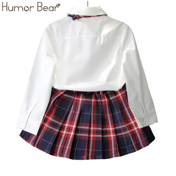 Humor Bear Autumn Kids Baby Girl Clothes Long Sleeve T-shirt+Grid Skirt +bowknot Casual 3PCS suits Student Girls' Clothing Sets 2