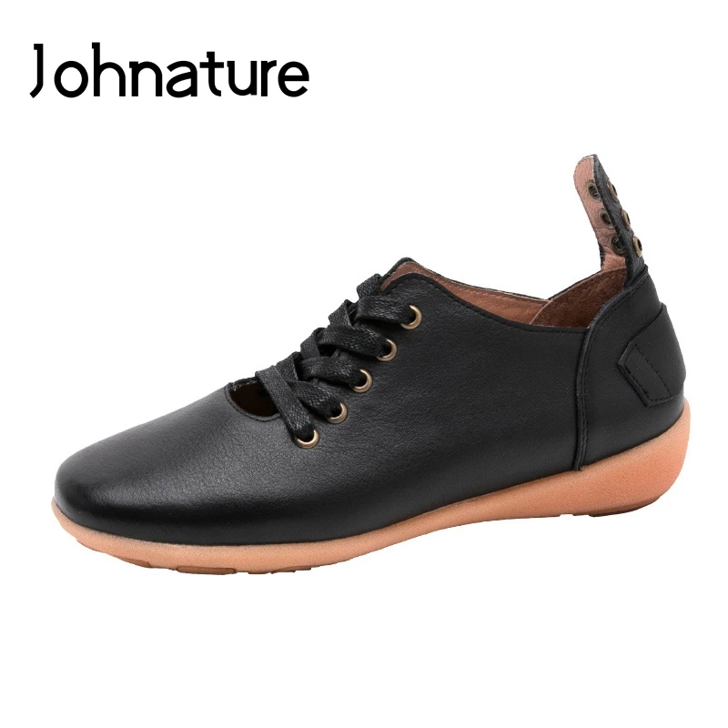 

Johnature 2019 New Spring/autumn Retro Handmade Loafers Women Genuine Leather Round Toe Solid Lace-up Shallow Flats Shoes