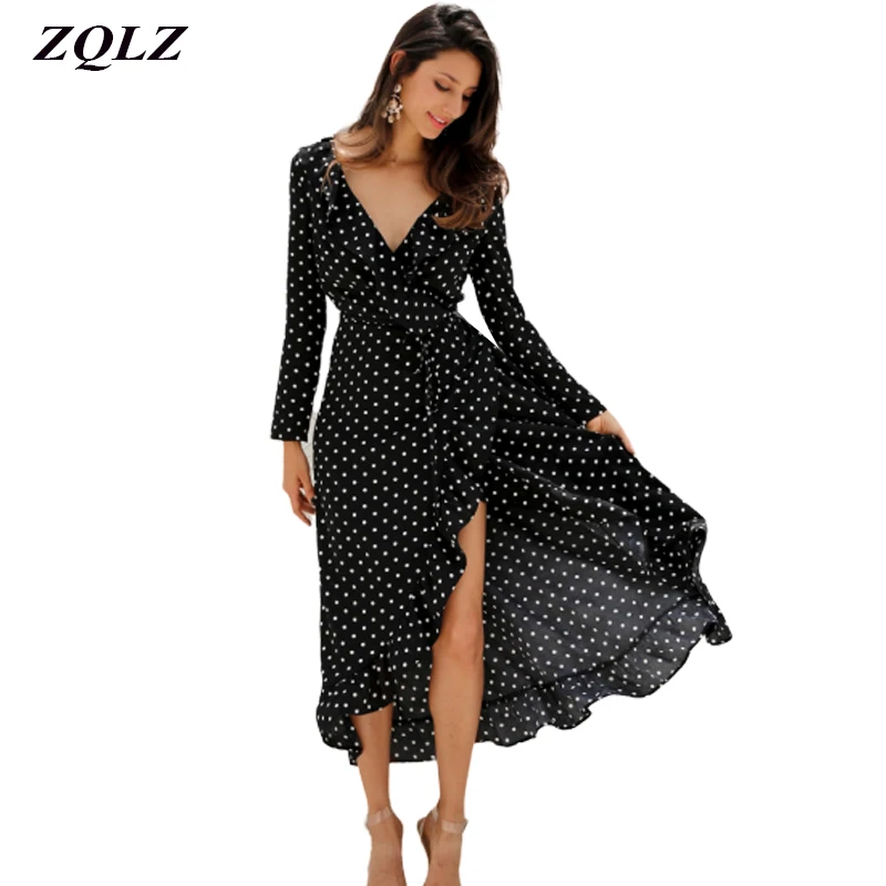 

Summer Asymmetrical Ruffles Ankle-length Thigh Slit Dress Women Fashion Print Polka Dot Casual Vintage Evening Party Dresses