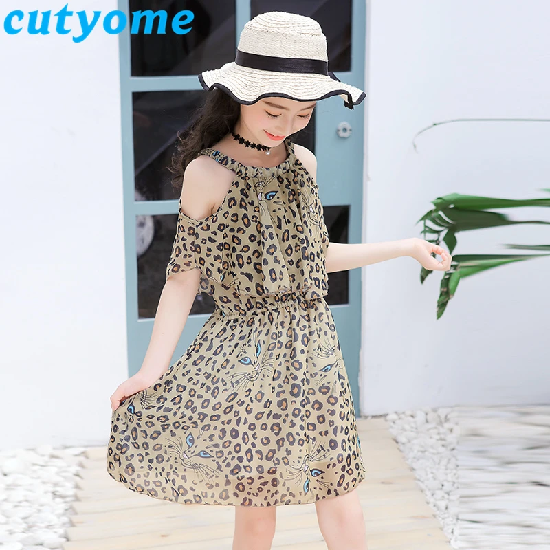Cutyome Leopard Kids Dresses For Girls 2019 Summer Fashion Off Shoulder Chiffon Party Dress Teenage Girls Beach Sundress 9 13 14