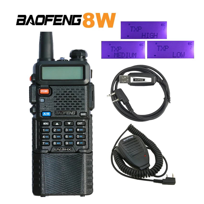 Baofeng UV 8HX 1/4/8 ватт Poweful Walkie Talkie Dual Band 136 174/400 520MHz Ham двухстороннее радио 5R + микрофон