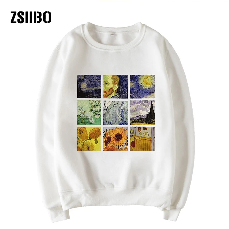 

Van Gogh Starry Sky Large Size Winter Oil Painting Leisure Fun Letter Print Cartoon Harajuku Long Sleeve Round Collar sweatshirt