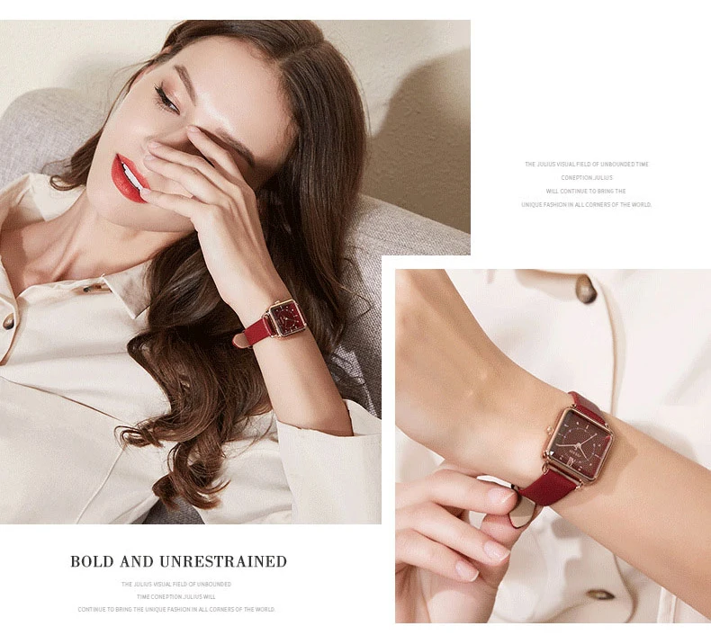 Юлий Марка Леди Ретро Красный квадратные часы с кожаным ремешком женские Повседневное Водонепроницаемый модельные кварцевые наручные