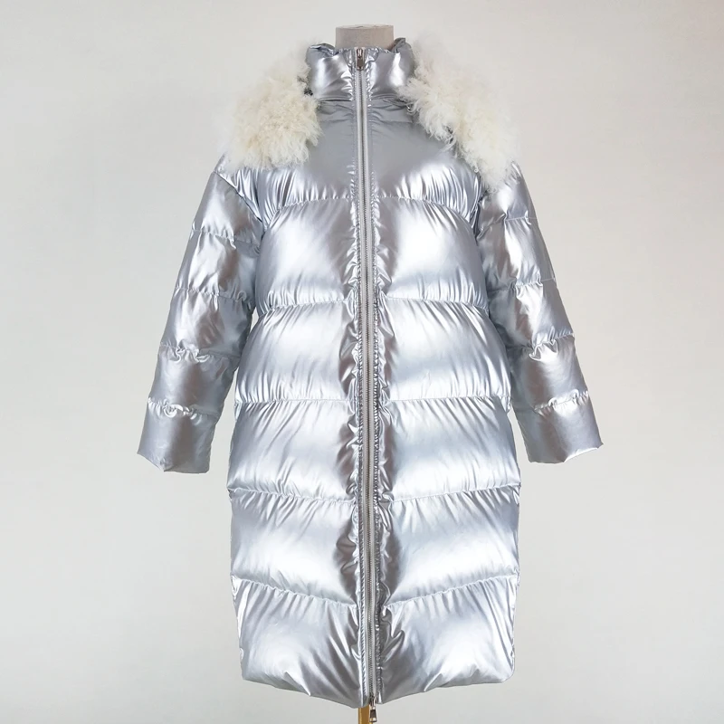 

silver parka real fur 2019 women coat winter 90% white duck down jacket long clothes hooded with genuine sheep fur warm jackets
