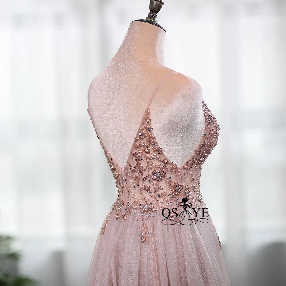 QSYYE Дешевое пыльно-розовое сексуальное вечернее платье с v-образным вырезом для выпускного вечера прозрачные тяжелые вечерние платья с бисером и высоким разрезом по низкой цене