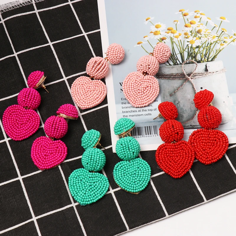 

FASHIONSNOOPS Multicolor Beads Drop Earrings For Women Big Resin Statement Heart Earrings Bohemian Jewelry