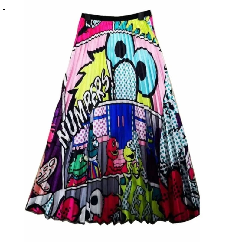 

278 long skirt women skirts girl skirt satin printed pleated 2019 spring new cartoon pattern