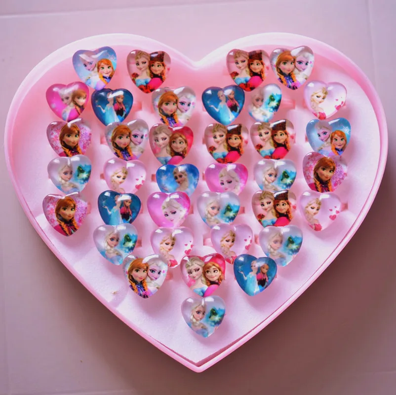 

36 pcs/lot Explosion doll accessories Frozen Eliza jewelry Acrylic heart-shaped children's ring jewelry gift set box