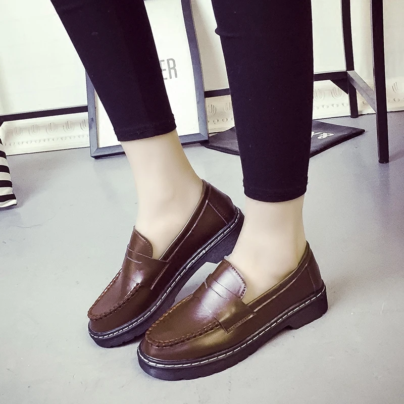 

2018 New Thick Bottom Women Shoes Round Head Black Brown Leather Shoes Woman Occupation Zapatos De Mujer