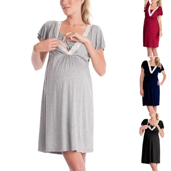 

Maternity Long Dresses Pregnancy Breastfeeding Clothes Robe Pajamas Lace Patchwork Short Sleeve Knee-Lenght Pregnancy Dress