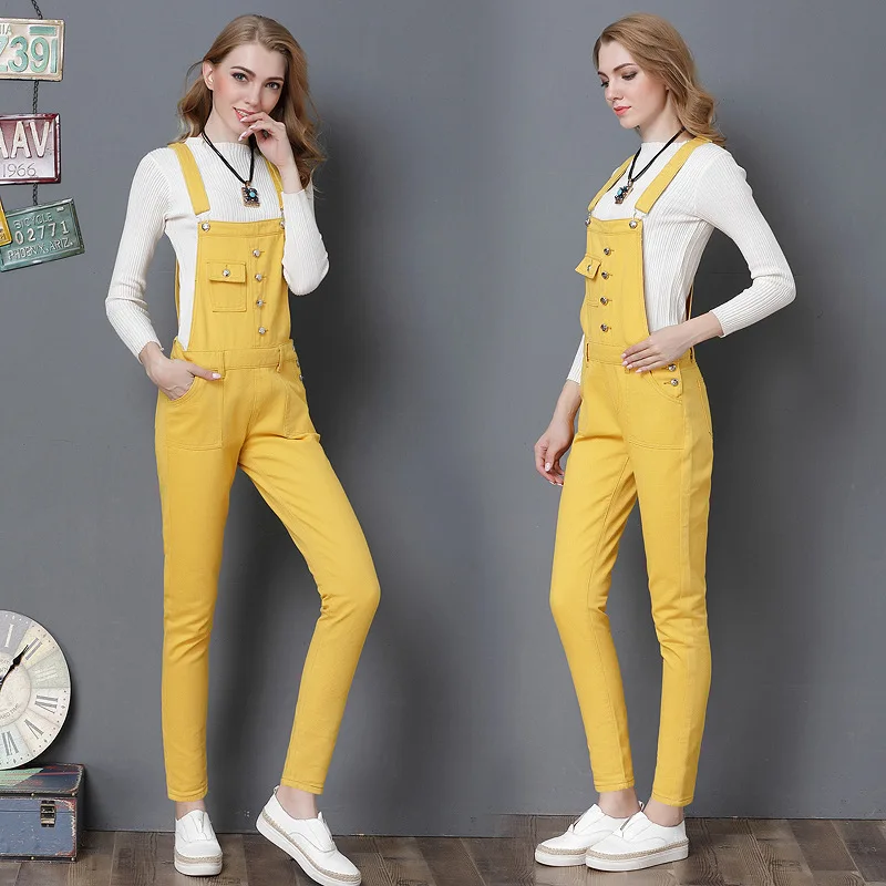 Casual Candy Yellow Denim Jumpsuits jeans Plus Size autumn overalls jeans For Women High Waist Denim Pants long Strap Rompers