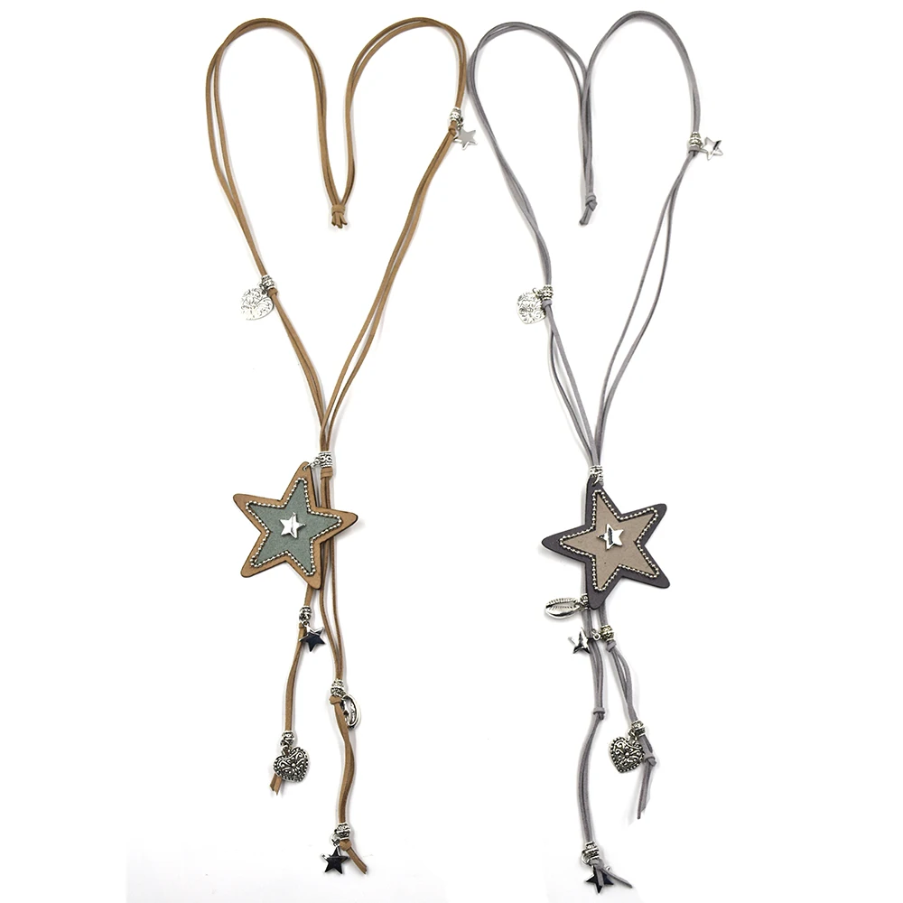 New handmade leather cord five stars Pentagram pendants long necklace