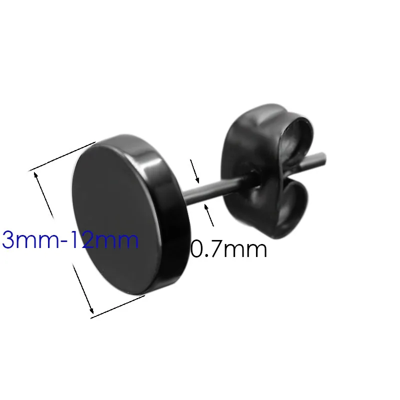 1Pair Men's Ear Studs Earrings Stainless Steel Round Ear Button Black 3mm -12mm Punk Style Pendientes Brincos Anti-allgergic New4