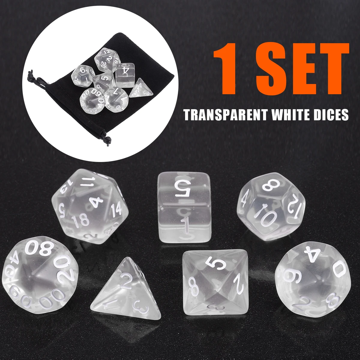 7pcs/lot White Polyhedral Transparent Dices Multi-side  With Cloth Bag For Gaming  Dungeons and Dragons RPG Game
