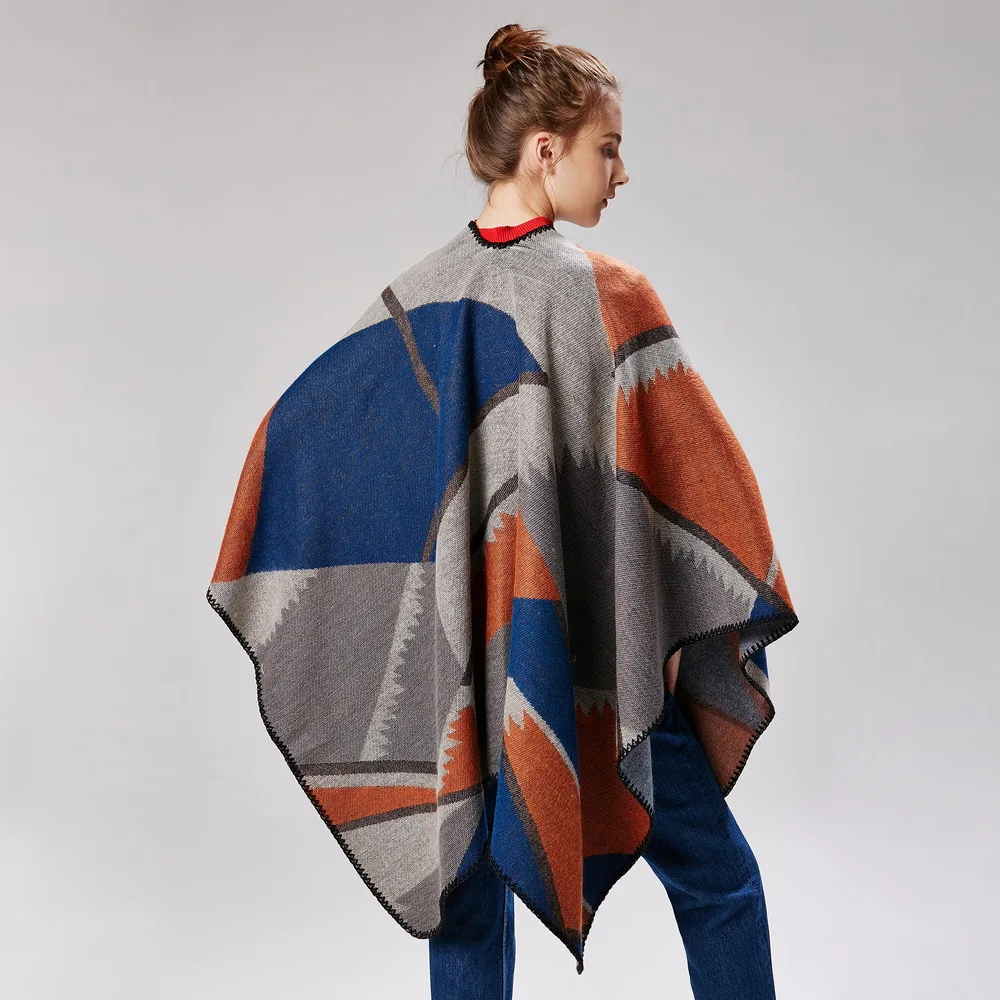 

Geometric Imitation Cashmere Color Block Jacquard Shawl Dual-use High Street Popular Cloak Summer Blanket Scarf Pashmina Poncho