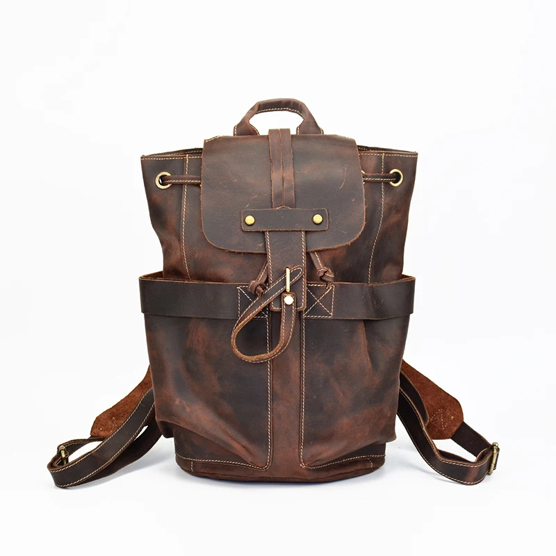 Men's Cowhide Genuine Leather Backpack Crazy Horse 14 inch Laptop Hand