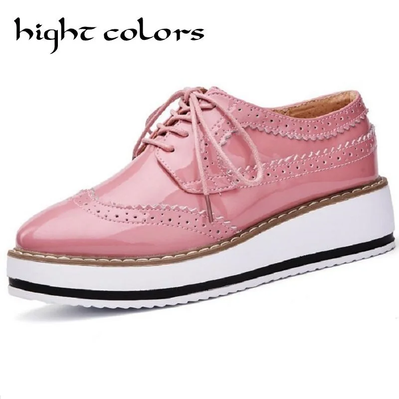 Brand Female Pink Footwear Shoes For Women Creepers Platform Oxfords Brogue Flats Shoes Patent Leather Lace Up Pointed Toe Flat hizcinth 2018 brand women shoes patent leather flat platform female single women s shoes students flats loafers zapatillas mujer