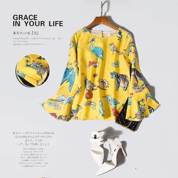 

2016 new spring silkworm silk heavy silk spun silk yellow birds animals long sleeve court wind T-shirt