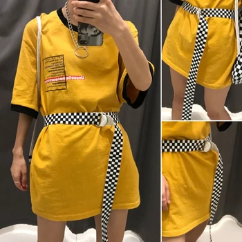 

Black White Plaid Waist Belt Unisex Women Fashion Waistband Buckle Long Canvas