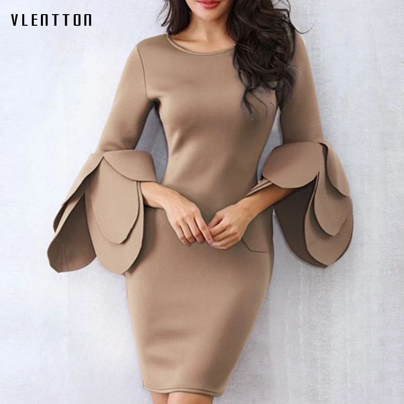 

2018 Women Summer Dress Sexy Flare Sleeve Pencil Party Dresses Ladies Ruffles Bodycon Slim Midi Club Vestidos