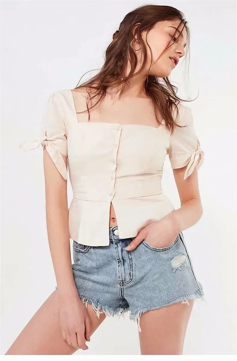 2019 summer casual cotton linen square collar women short slim blouse solid buttons bow tie sleeve sweet blusas Wonder Store