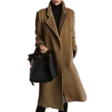 Европейский стиль размера плюс длинное шерстяное Женское зимнее шерстяное пальто со стоячим воротником