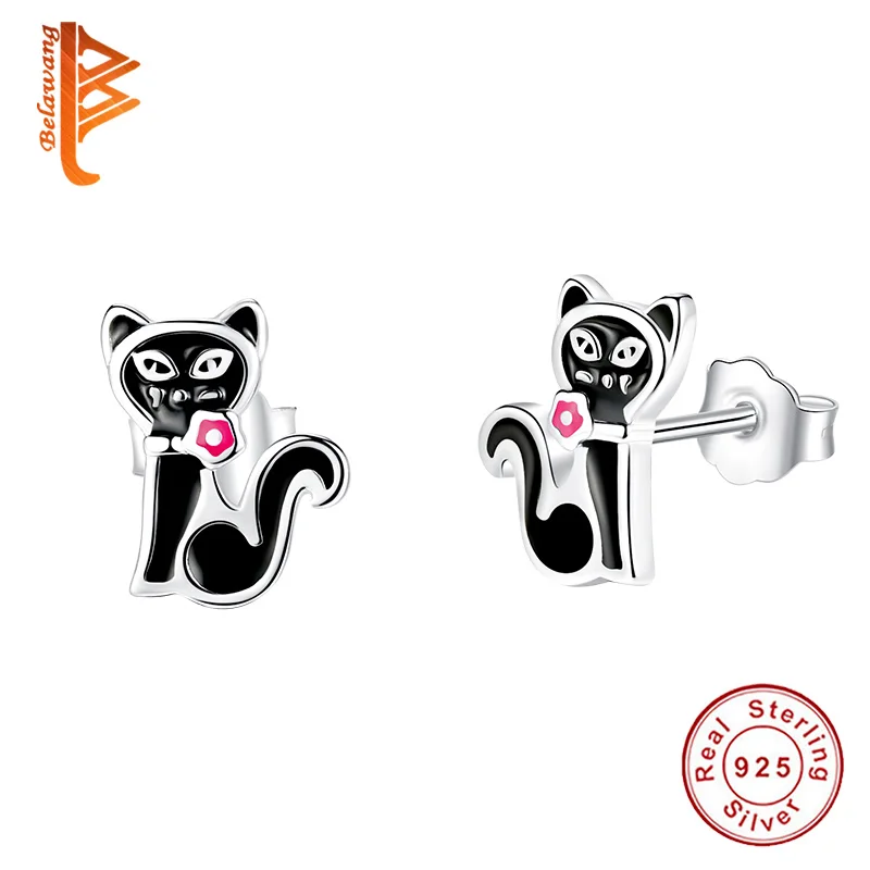 

BELAWANG Cartoon Cat Silver Stud Earrings for Women Black Cat Fashion Jewelry Child Kids Earrings Silver 925 2019