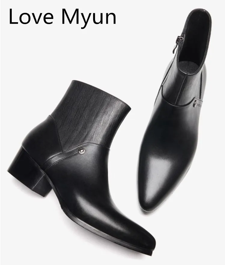 

Autumn winter new men's genuine leather boots 5 CM high heels pointed toe fashion warm snow boots career work boots dress shoes