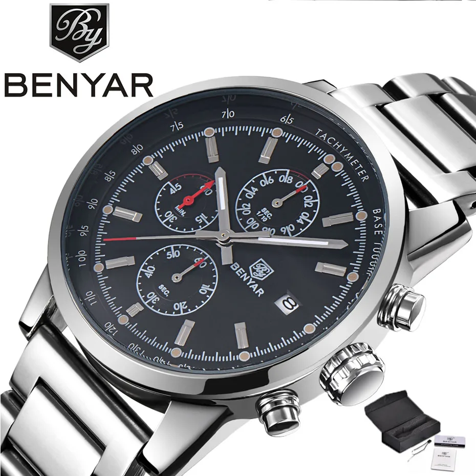 

BENYAR Chronograph Top Luxury Brand Men Watches Pilot Business Date Display Full Stainless Steel Military Wristwatch Gift (+Box)