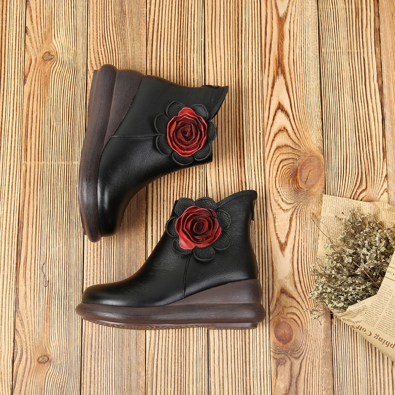 

Tyawkiho Women 5 CM High Heel Boots Genuine Leather Women Winter Shoe Black Flower Leather Ankle Boots Women Handmade Shoe Retro