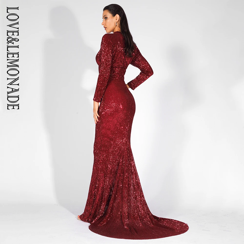 Длинное платье с вырезами и эластичными пайетками Love& Lemonade LM81525WINERED