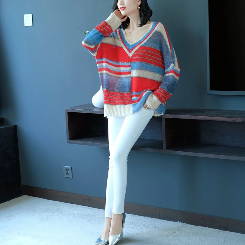 YISU вязаный шерстяной свитер для женщин с v-образным вырезом Модные Цветные мохеровые пуловеры женский Свитер оверсайз женский пуловер Повседневный свитер