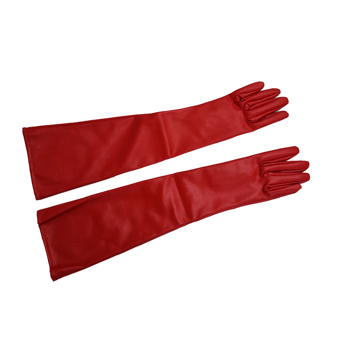 Пара стильных красных однотонных длинных перчаток из искусственной кожи для женщин