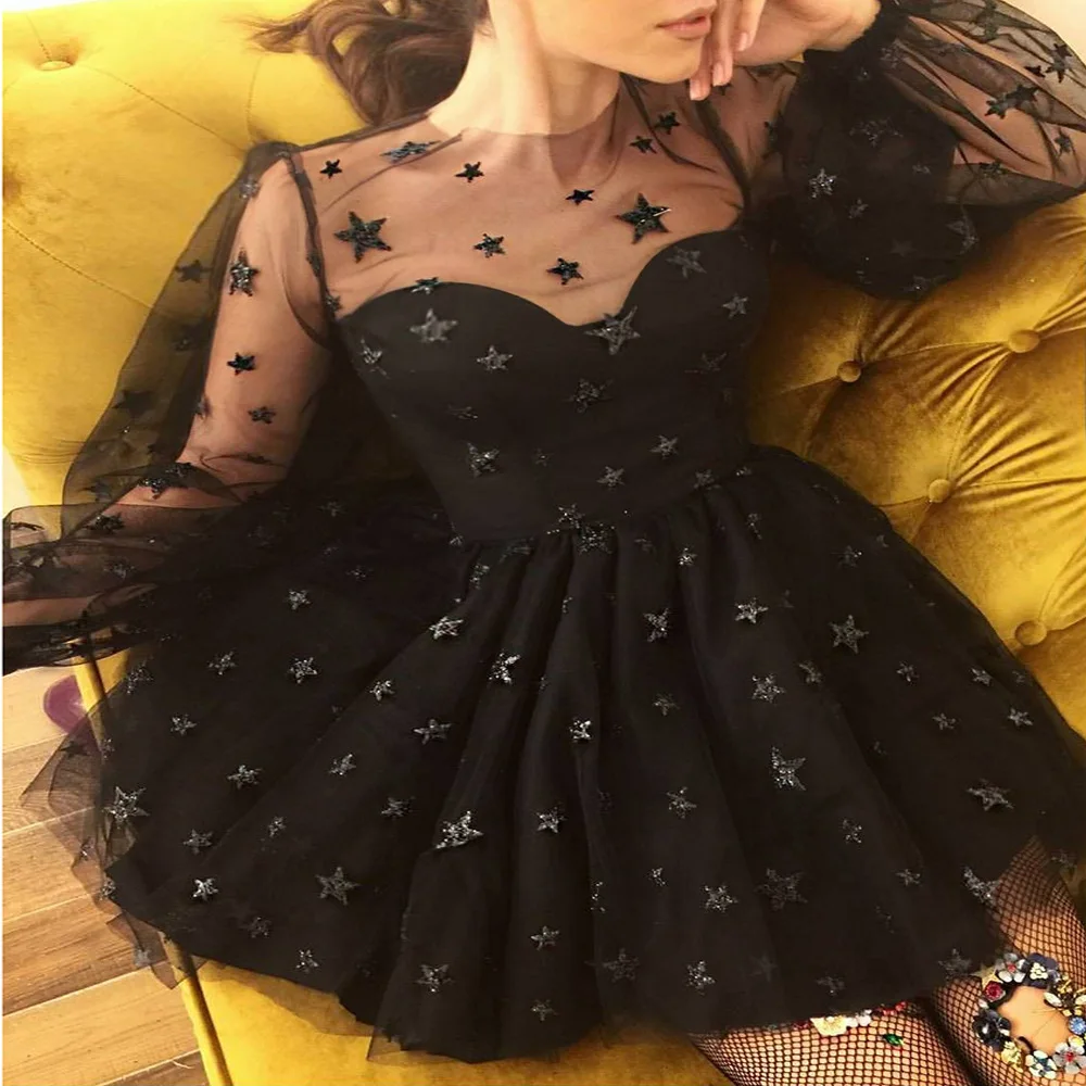 

2019 Summer Polyester Perspective Mesh Women Dress Black Sexy Lace Sleeve Dress Sequin Stars Fairy Princess Elegant Dresses