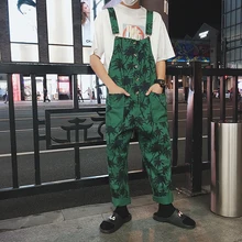 Летний Модный комбинезон с принтом листьев японский уличный Ретро стиль комбинезоны мужские повседневные Свободные Комбинезоны дикий мужской велосипедный комбинезон