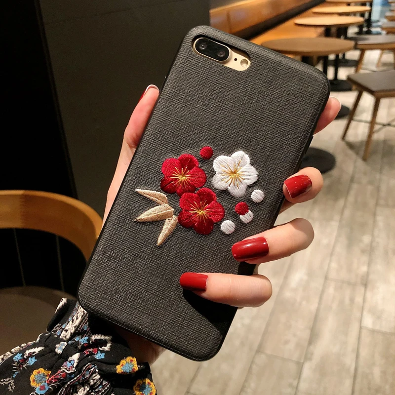 Ударопрочный чехол с 3D вышитым цветком для iPhone XS MAX XR X 8 plus 7 6 6s TPU + Жесткая задняя