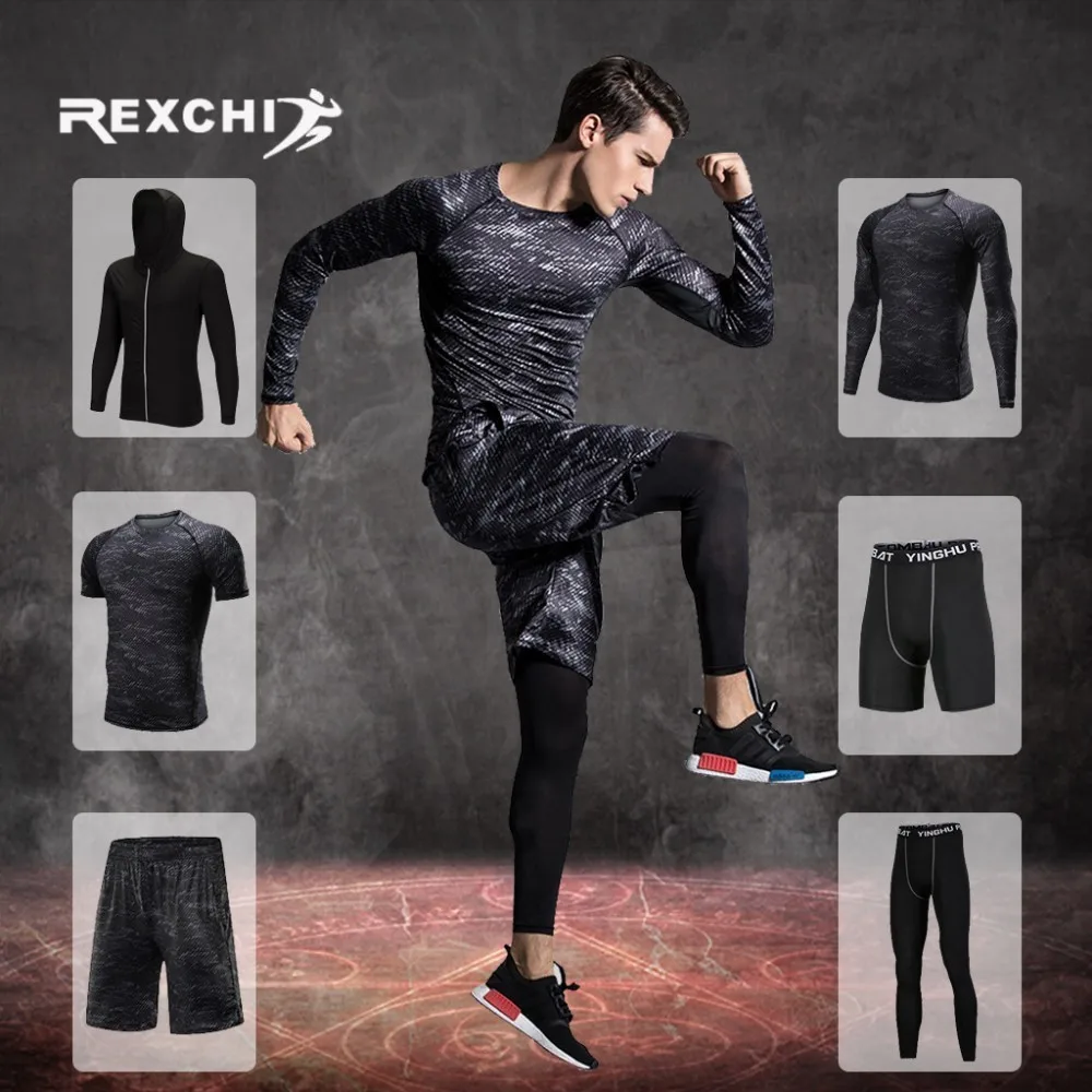 Ceny REXCHI męski dres kompresyjny strój sportowy siłownia odzież fitness trening ćwiczenia spodnie treningowe bieganie ubranie sportowe