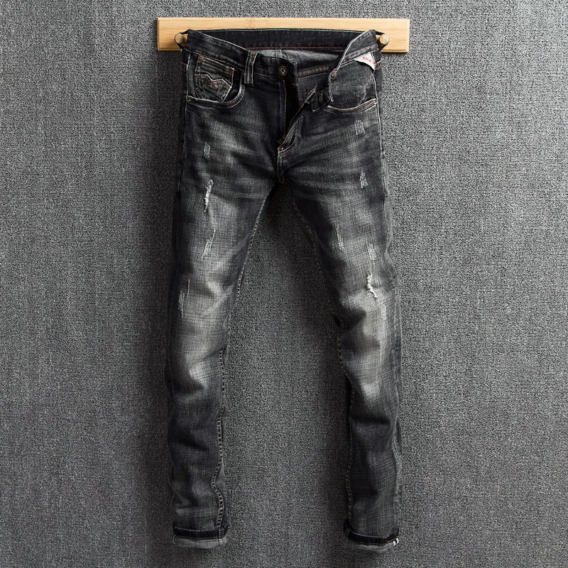 

Fashion Classical Men Jeans Black Gray Slim Fit Ripped Jeans Men Retro Washed Vintage Distressed Pants Streetwear Hip Hop Jeans