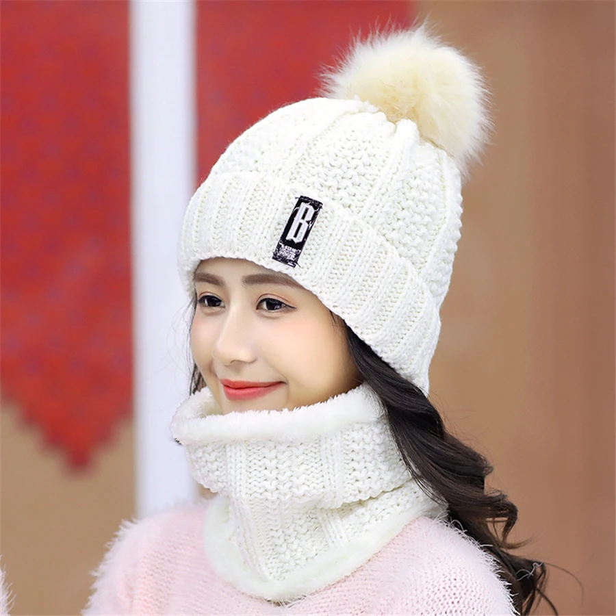 New Brand Winter knit Beanies Hat Women Thick Warm Beanie Skullies Hat Female Letters Bonnet Beanie Caps Outdoor Riding Sets Bib