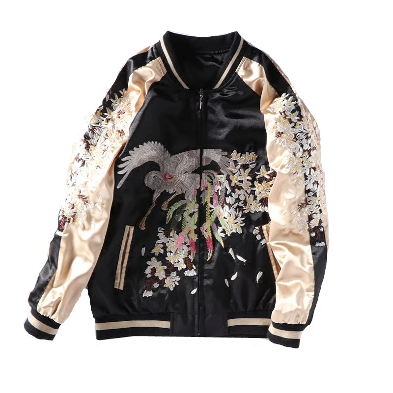 

Phoenix Embroidery Bomber Jacket Women Harajuku Bf Style Contrast Color Basic Jacket Loose Oversize Stand Collar Outerwear Caots