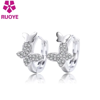 

RUOYE Fashion 925 sterling silver Stud Earring Double Butterfly Crystal Earring For Women Silver Ear Jewelry oorbellen New