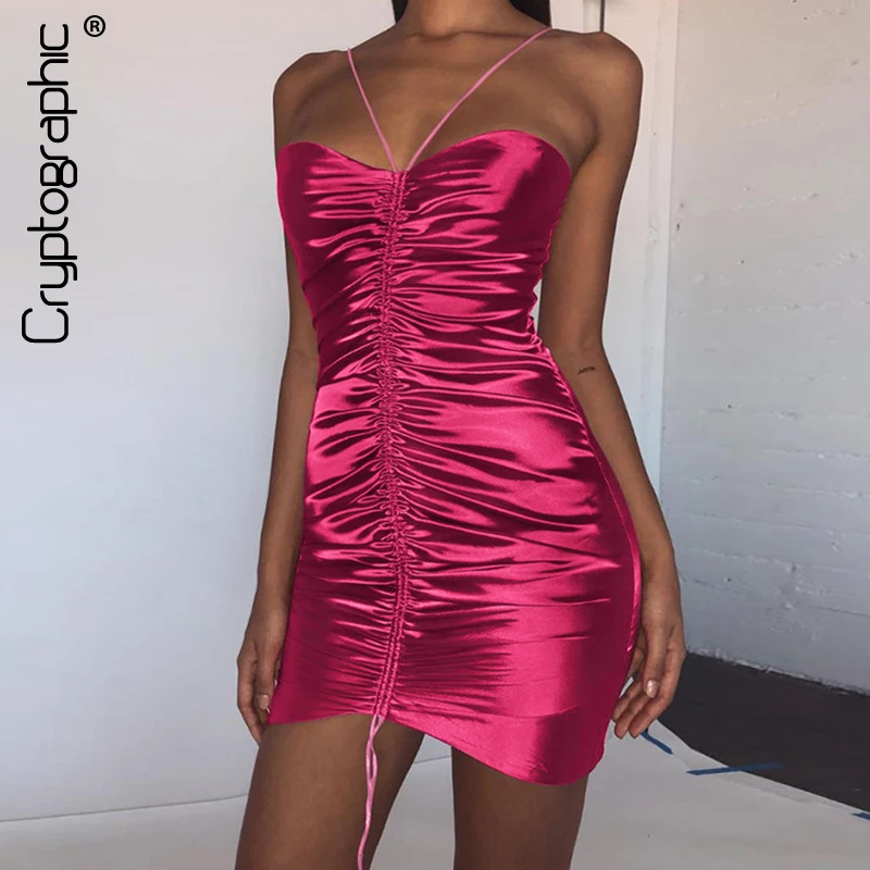 

Cryptographic fashion ruched drawstring halter sleeveless dress sexy slim bodycon club party dresses 2019 spring new vestidos