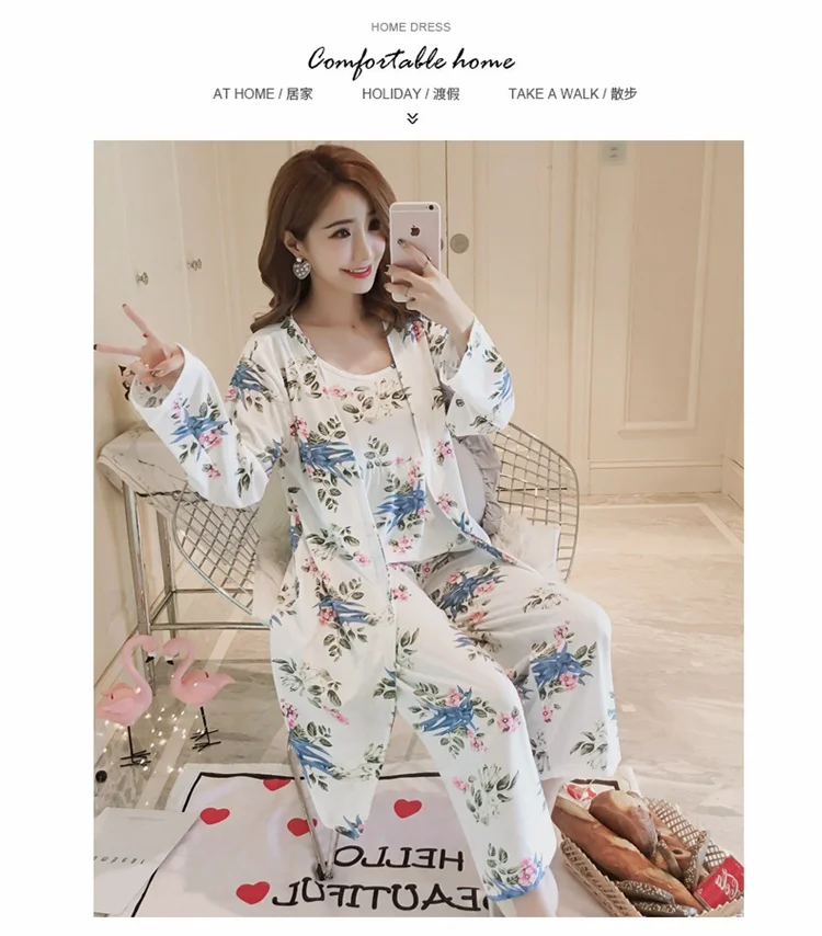 cute pajamas for women 2021 Autumn 3PCS Sexy Long Sleeve Robes Pajama Sets for Women Print Sleepwear Homewear Pijama Mujer Home Clothes Three Piece Set cute pjs