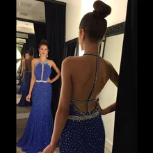 Kristall Perlen Halfter Ballkleider 2017 Nixe-langes OPen Back Elegante Perlen Chiffon Luxus Kristall Abendkleider
