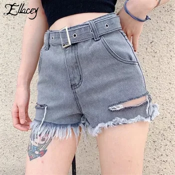 

Ellacey 2019 Summer Streetwear Ripped Denim Shorts Women High Waist Jeans Shorts Sexy Girl Casual Loose Hole Shorts With Belt