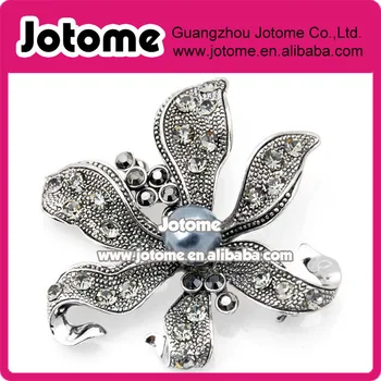 

100pcs/ Vintage Style Asphalt Tone Black Bauhinia Flower with Pearl Pin Brooch and Pendant Wedding Brooches Pins For Bride Deco