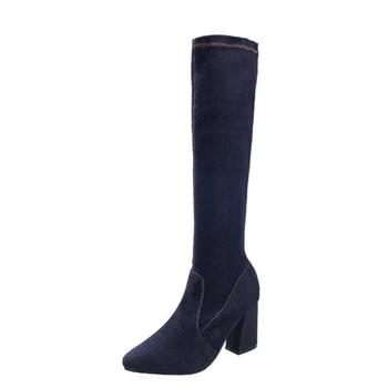

Ho Heave Women Boots 2019 Fashion New Style Pointed Toe Square Heel Shoes Women Knee-High Western Boots Popular Denim Shoes